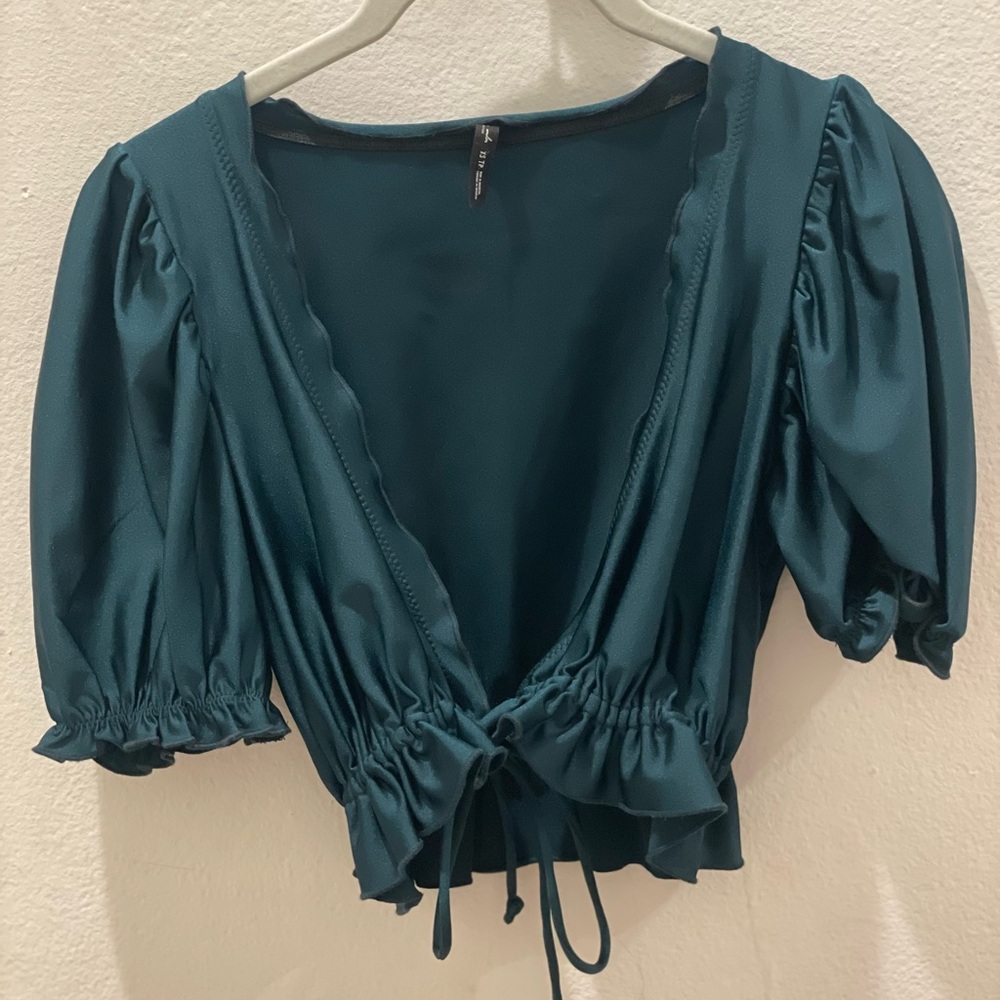 Urban Outfitters Out From Under Silk Teal Puff Sleeve Tie Front Ruffle Hem top